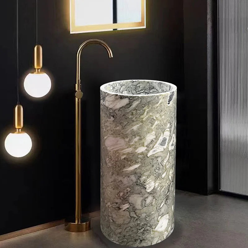 Premium Sculptural Cylindrical Pedestal Sink Unique Grey Patchwork Vein Solid Marble Freestanding Luxury Wash Lavatory