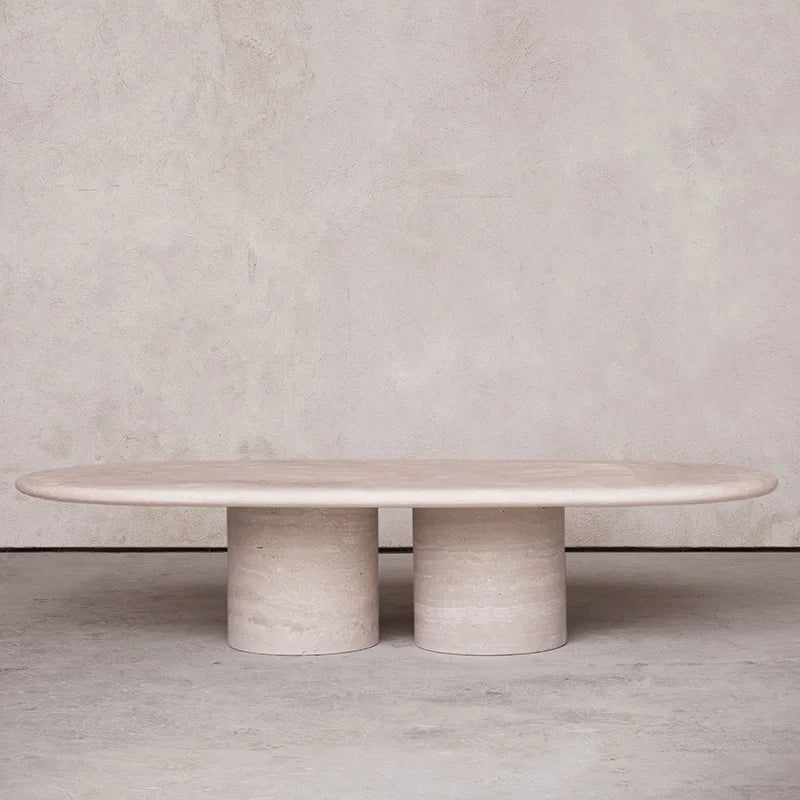 Beige Travertine Marble Coffee Table Ellipse Slab Twin Separate Cylinder Legs Natural Stone Sofa Coffee Table Dream Home - Image 8