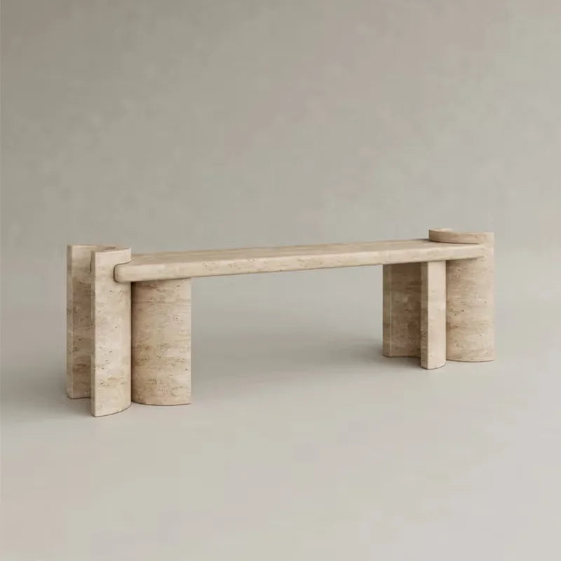 Dream Home Eye Grabbing Stacked Cuff Marble Coffee Table Four Curved Cylinder Travertine Base Long Rectangular Lounge Table - Image 2