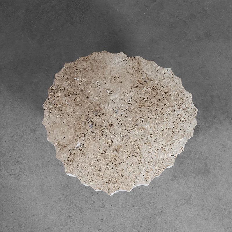 Dream Home Travertine Side Table Scalloped Zigzag Edge Round Top Stepped Carved Base Wabi Sabi Living Room Accent Table - Image 2