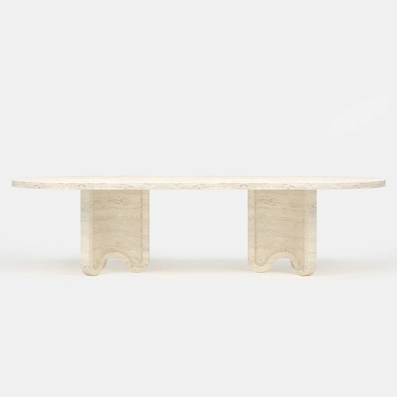 Dream Home Travertine Dining Table Oval Racetrack Top With U Wave Cutout Legs Wabi Sabi Modern Dining Table