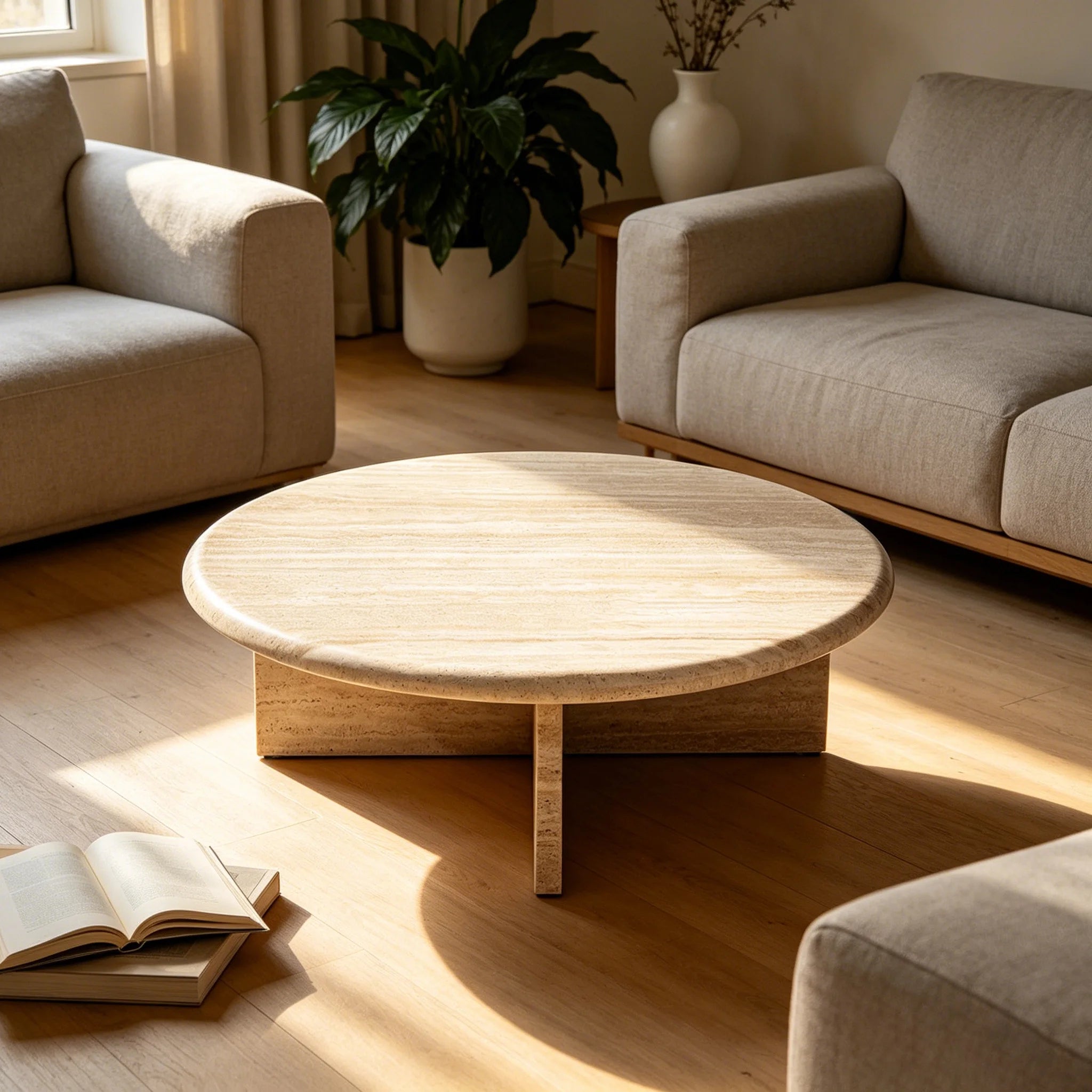 Natural Banded Travertine Center Table Partial Surround Base Solid Stone Construction Villa Living Room Focal Furniture - Image 5