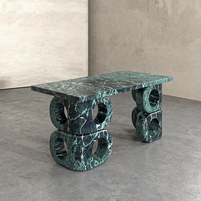Dream Home Unique Veined Marble Console Table Dual Stack Hollow Round Cutout Block Leg Minimalist Sculpture Entrance Table - Image 5