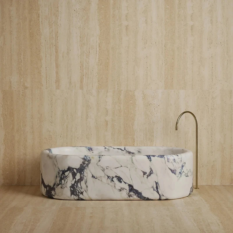 Thick Solid Cube Profile Freestanding Tub One Piece Natural Travertine Marble Multi Stone Grain Villa Master Bathroom Bathtub - Image 8