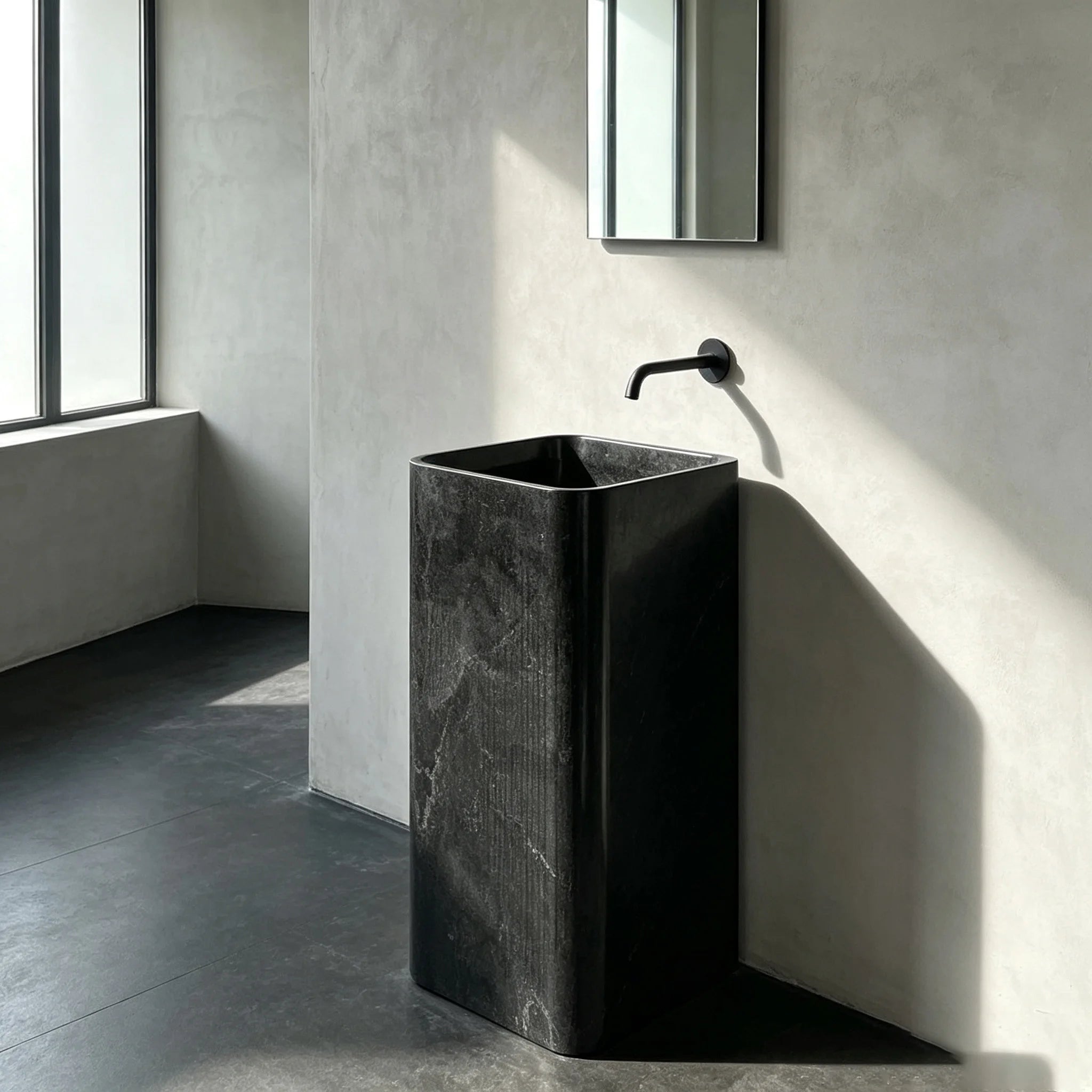High Inquiry Dark Natural Marble Freestanding Sink Square Tall Column Hand Chiselled Wave Surface Contemporary Bathroom Basin - Image 6
