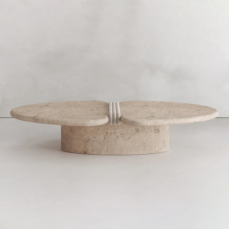Luxurious Sculptural Separated Petal Coffee Table Rounded Soft Edge Travertine Marble Wabi Sabi Aesthetic Side Table