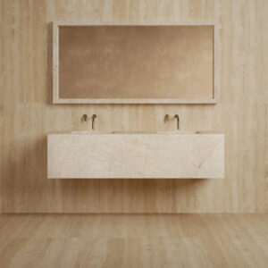 One Piece Whole Marble Floating Vanity Deep Recessed Dual Sink Design Light Neutral Stone Tone Modern Open Concept Bath Basin