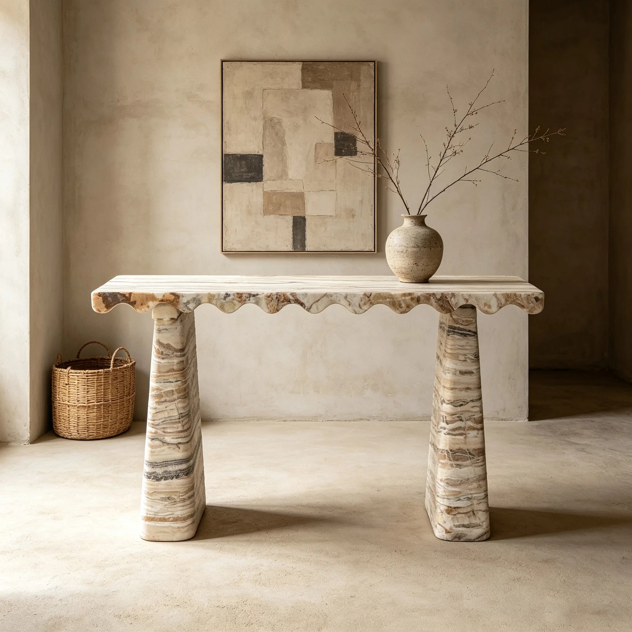 Dream Home Unique Rippled Border Marble Console Desk Dual Slanted Travertine Support Home Entrance Display Table - Image 5