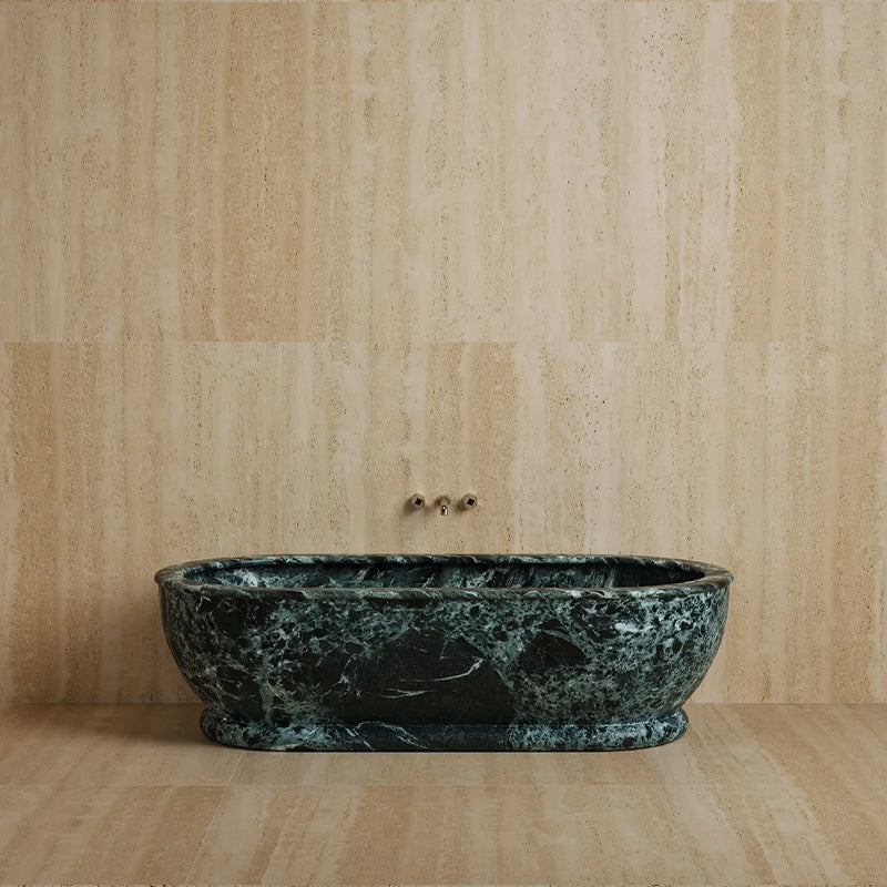 Full Integrated Solid Stone Soaking Tub Elongated Rounded Oval Shape Multi Natural Stone Vein Villa Master Bathroom Bathtub - Image 5