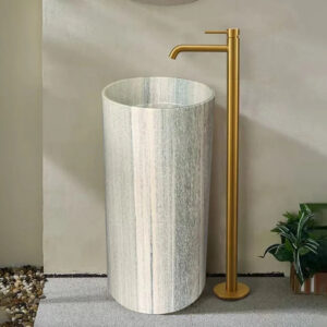 Top Selling Slim Round Freestanding Lavatory Distinct Vertical Striped Travertine Marble Villa & Residential Bathroom Wash Sink