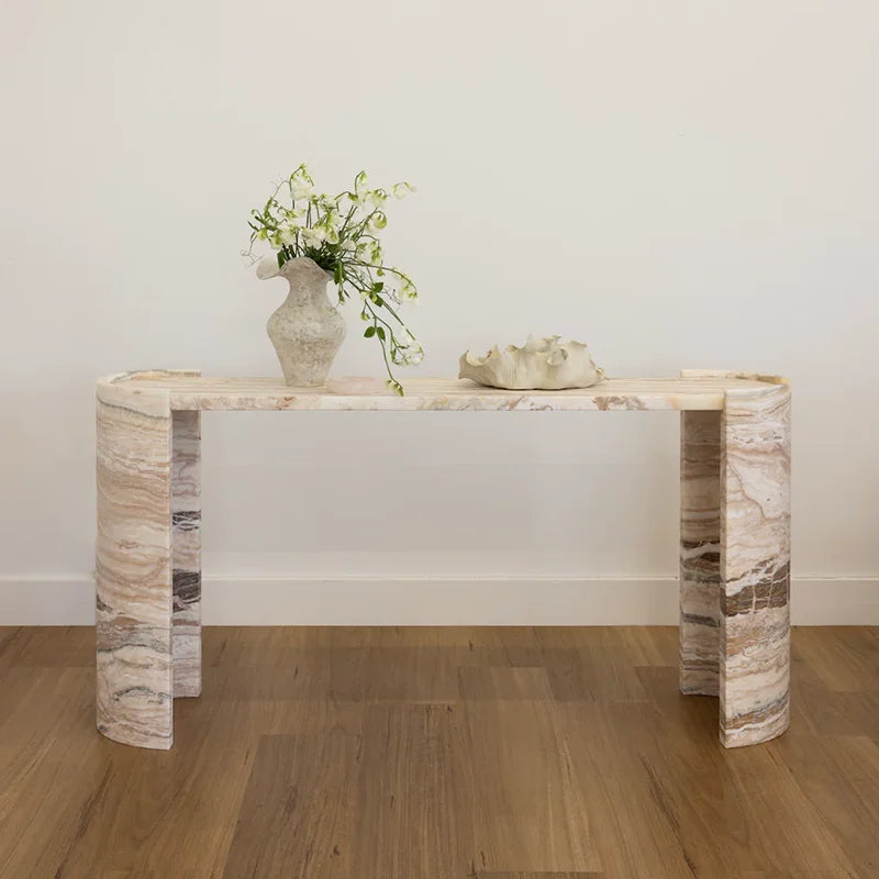 Dream Home Eye Grabbing Dual Curved End Plinth Marble Foyer Table Whole Slab Banded Onyx Hotel Lobby Decor Console