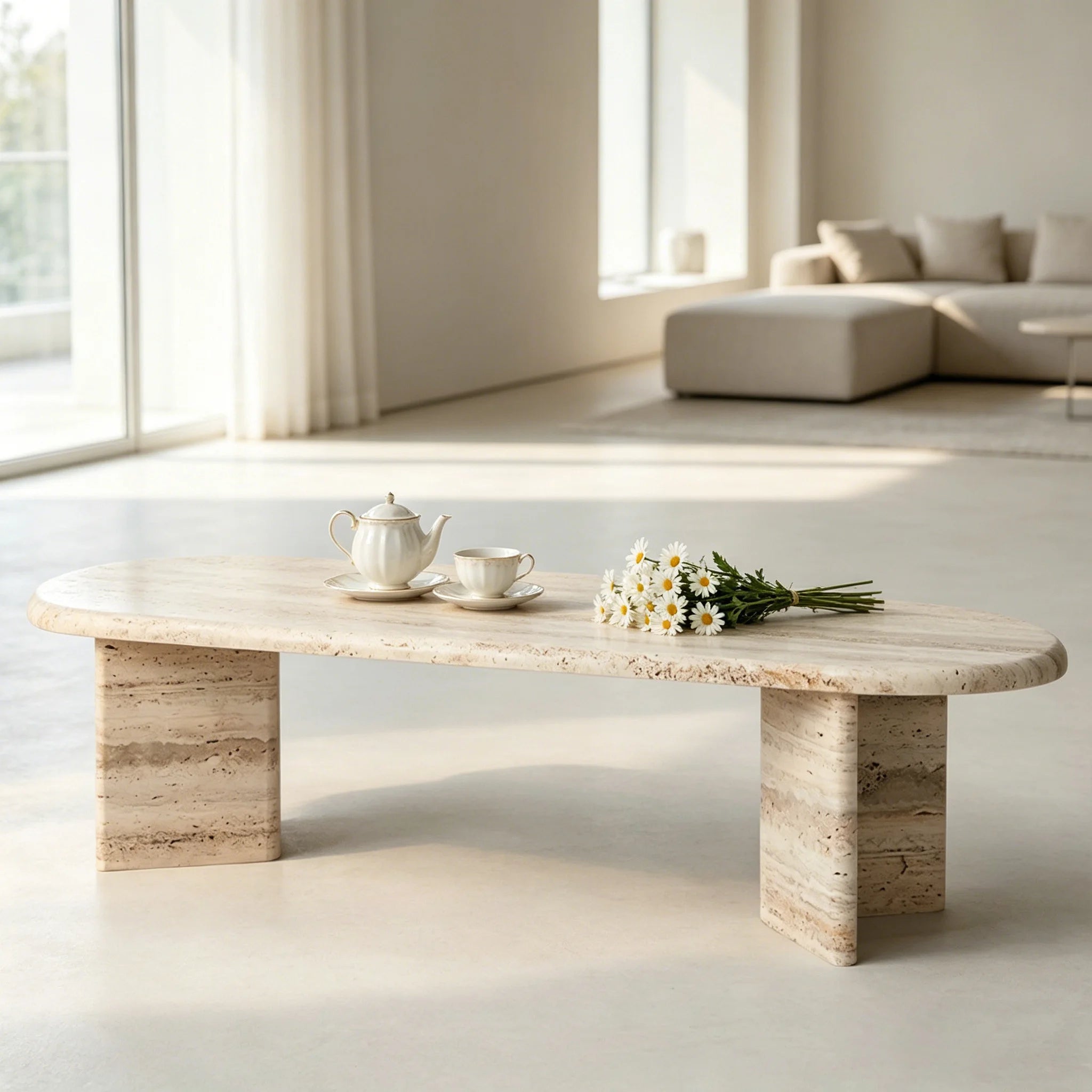 Modern Beige Travertine Coffee Table Oval Stone Top Dual Block Base Elegant Villa Living Room Furniture - Image 6
