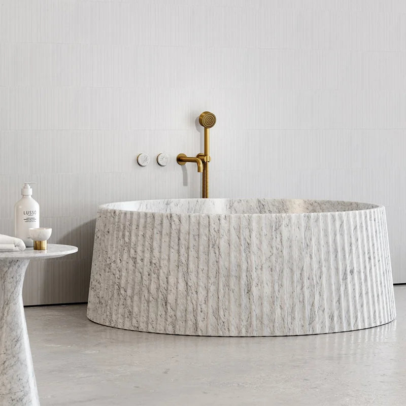Dream Home Carrara Marble Freestanding Bathtub Full Round Cylinder Vertical Reed Fluted Textured Outer Wall Spa Bath Tub - Image 4