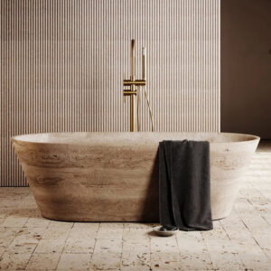 Dream Home Beige Travertine Marble Freestanding Bathtub Elongated Wide Flare Oval Sloped Taper Sides Horizontal Layer Spa Tub
