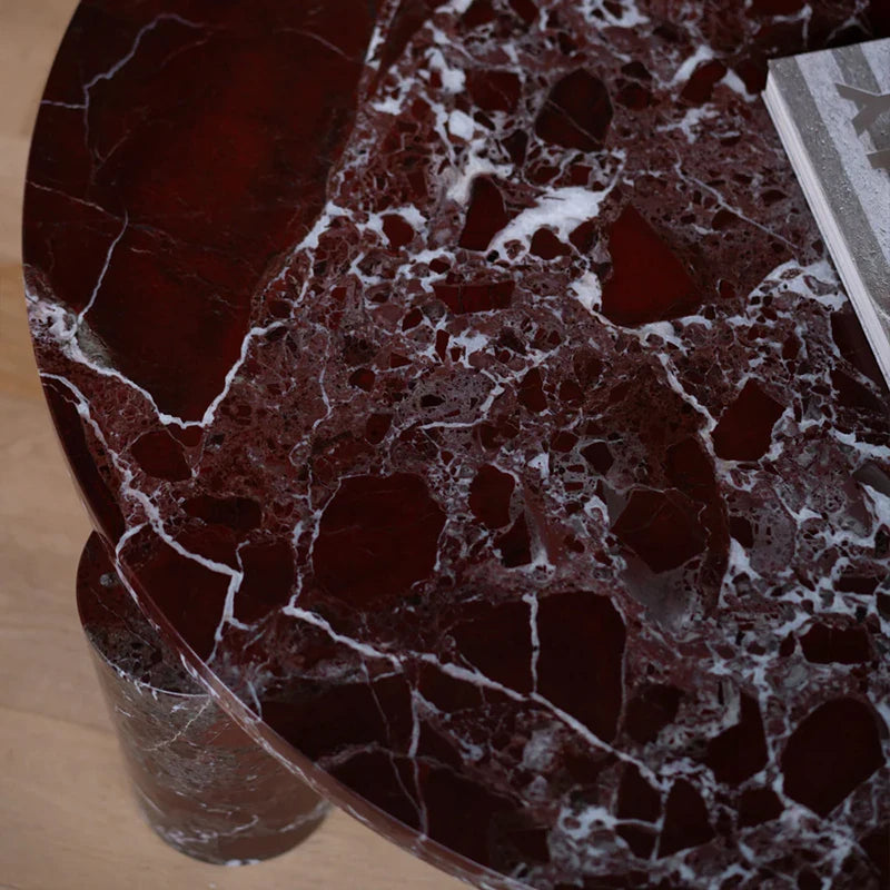 Dream Home Luxury Rosso Levanto Marble Coffee Table Round Top Two Thick Cylinder Legs Modern Living Room Center Table - Image 5
