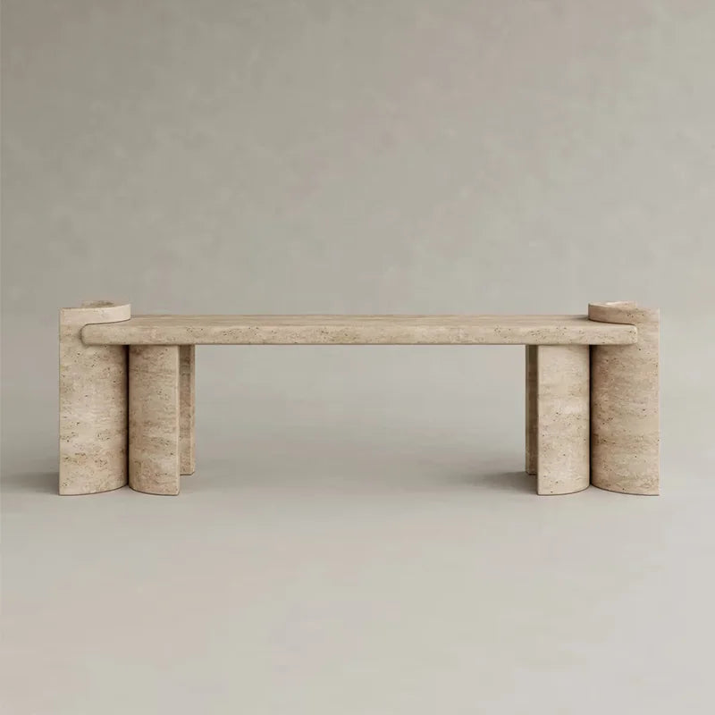 Dream Home Eye Grabbing Stacked Cuff Marble Coffee Table Four Curved Cylinder Travertine Base Long Rectangular Lounge Table