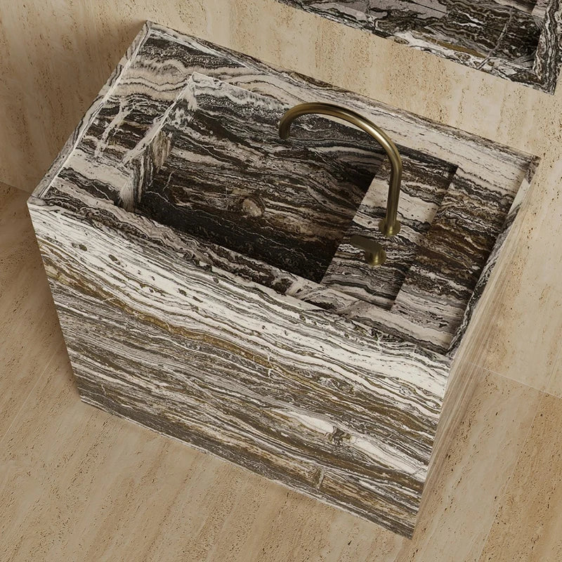 Dream Home Viral Cube Floating Stone Vanity Single Recessed Sink Matching Square Stone Mirror Wabi Sabi Bath Cabinet - Image 6