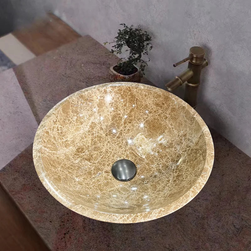 Viral Classic Round Marble Vessel Basin Diverse Natural Mineral Vein Freestanding On Counter Sink Wabi Sabi Bathroom Fixture - Image 13
