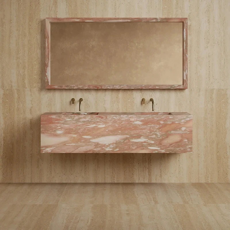 One Piece Whole Marble Floating Vanity Deep Recessed Dual Sink Design Light Neutral Stone Tone Modern Open Concept Bath Basin - Image 8