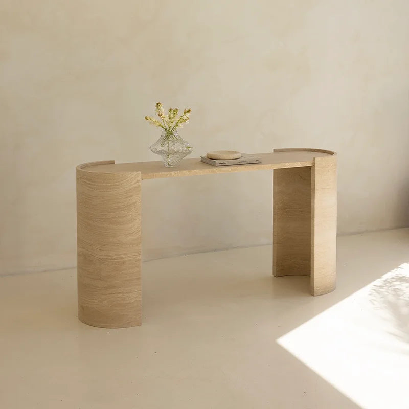 Dream Home Top Selling U Curve Frame Marble Entry Console Twin Integrated Curved Leg Warm Beige Porous Stone Accent Stand - Image 2