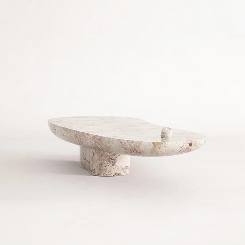 Breccia Marble Coffee Table Organic Bean Shape Irregular Curved Top Single Cylindrical Pedestal Modern Living Room Tea Table - Image 2