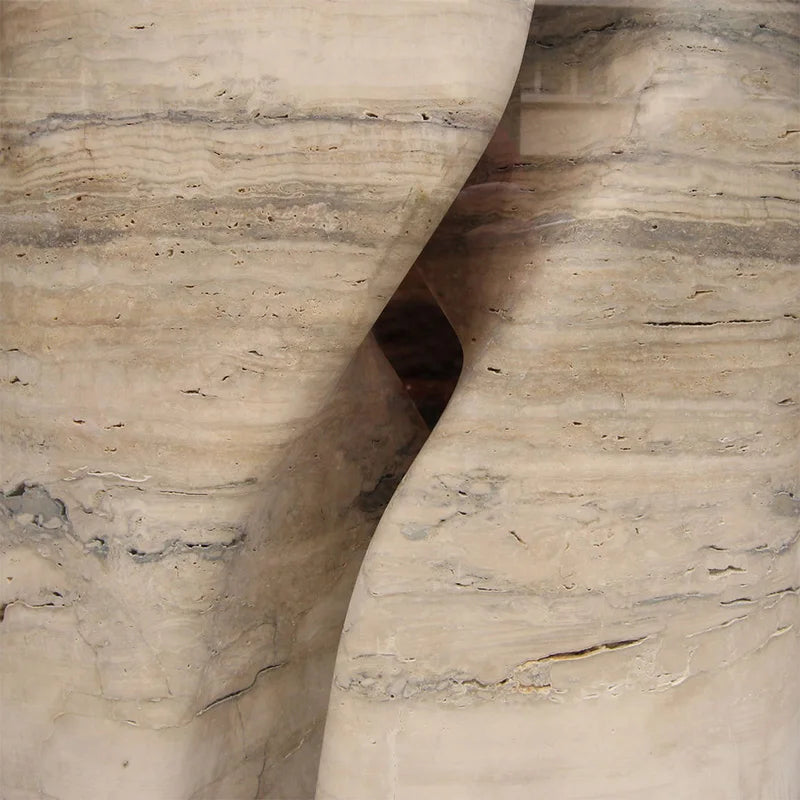 Split Curved Twist Leg Entry Table Polished Banded Travertine Slab Abstract Organic Sculpture Neutral Hall Marble Table - Image 5