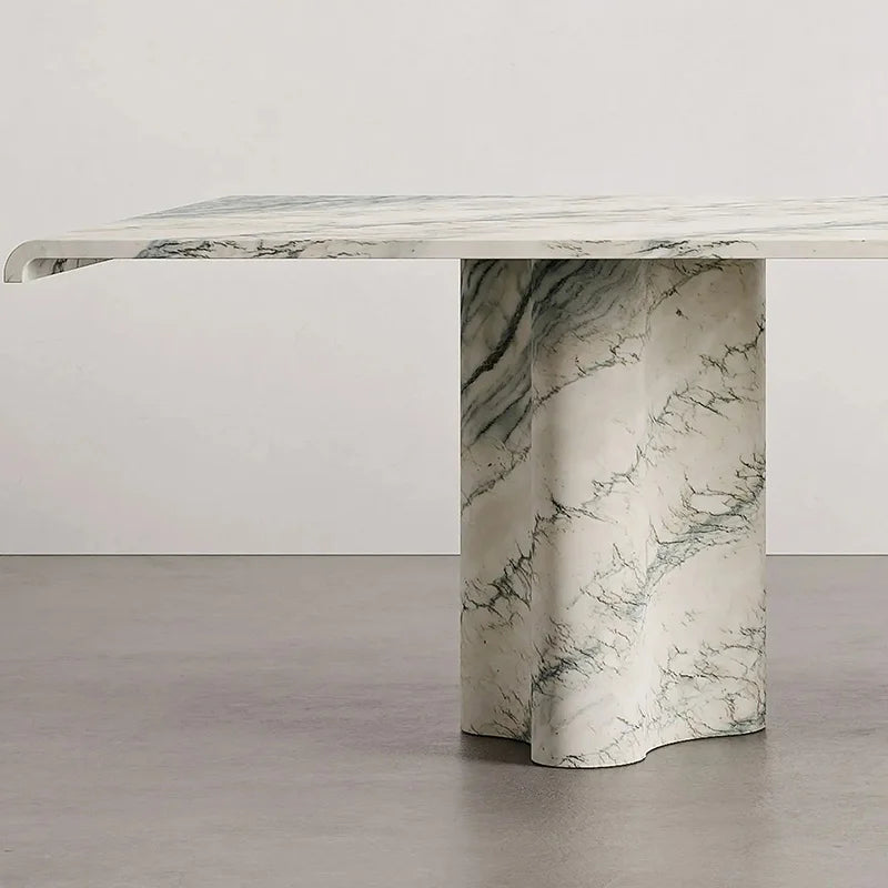 Modern Green Vein Marble Dining Table Rectangle Floating Top Wavy Stone Base Luxury Dining Furniture Dream Home - Image 3