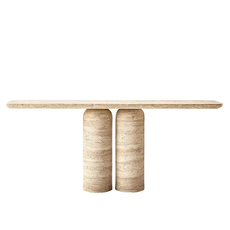 Striking Twin Cylinder Console Table Elongated Rounded Edge Slab Double Short Round Pillar Travertine Marble Entry Table - Image 3