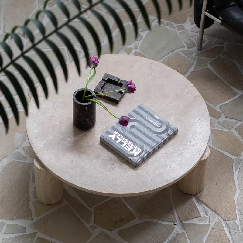 Luxury Natural Travertine Marble Coffee Table Round Stone Tabletop Tri Pillar Base Elegant Villa Living Room Furniture