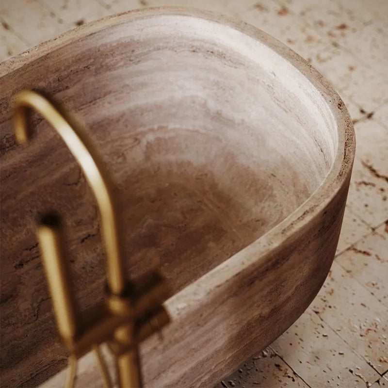 Rectangular Rounded End Stone Bathtub Full Straight Side Elongated Block Vessel Beige Cave Rock Master Bath Sculpture Tub - Image 3