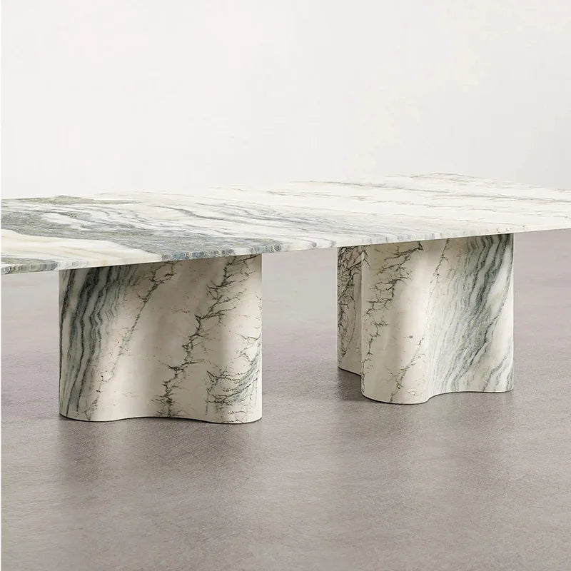 Green Vein Marble Coffee Table Rectangular Floating Top Wavy Sculpted Stone Base Living Room Center Table Dream Home - Image 3
