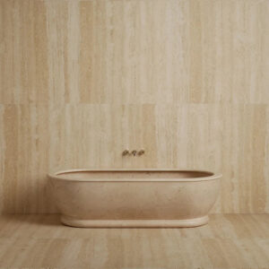 Full Integrated Solid Stone Soaking Tub Elongated Rounded Oval Shape Multi Natural Stone Vein Villa Master Bathroom Bathtub