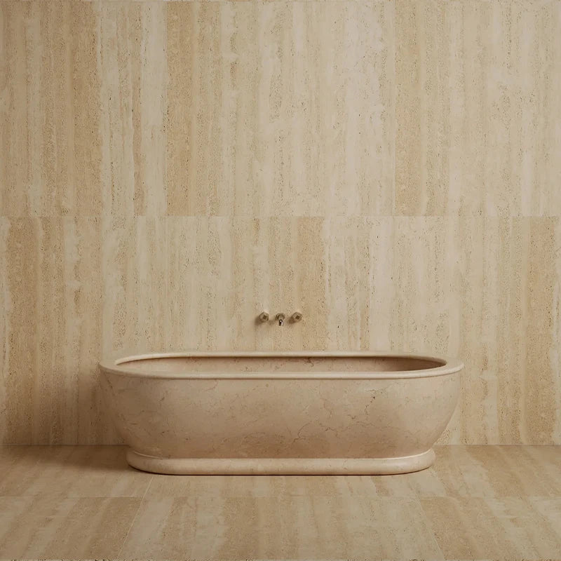 Full Integrated Solid Stone Soaking Tub Elongated Rounded Oval Shape Multi Natural Stone Vein Villa Master Bathroom Bathtub