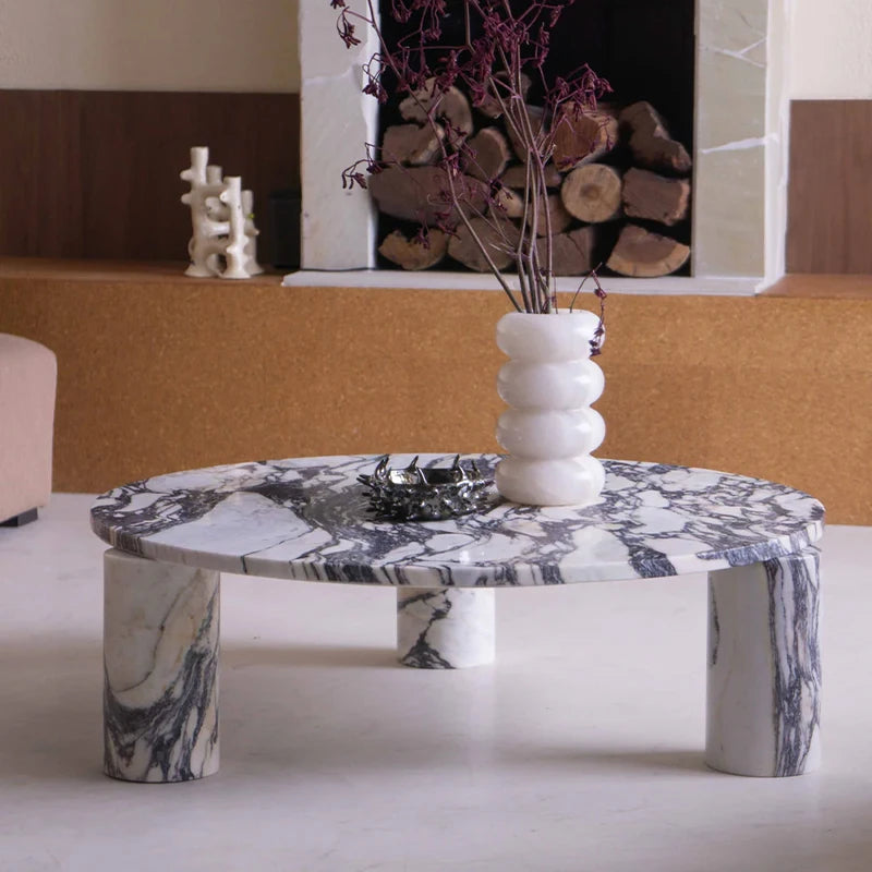 Modern Luxury Calacatta Viola Coffee Table Round Marble Top Three Cylinder Legs Modern Living Room Center Table - Image 7
