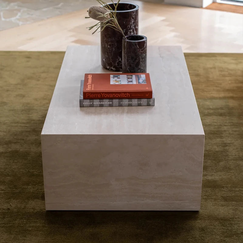 Elegant Natural Travertine Marble Coffee Table Minimalist Hollow Rectangular Thick Stone Top Luxury Modern Living Room Furniture - Image 6