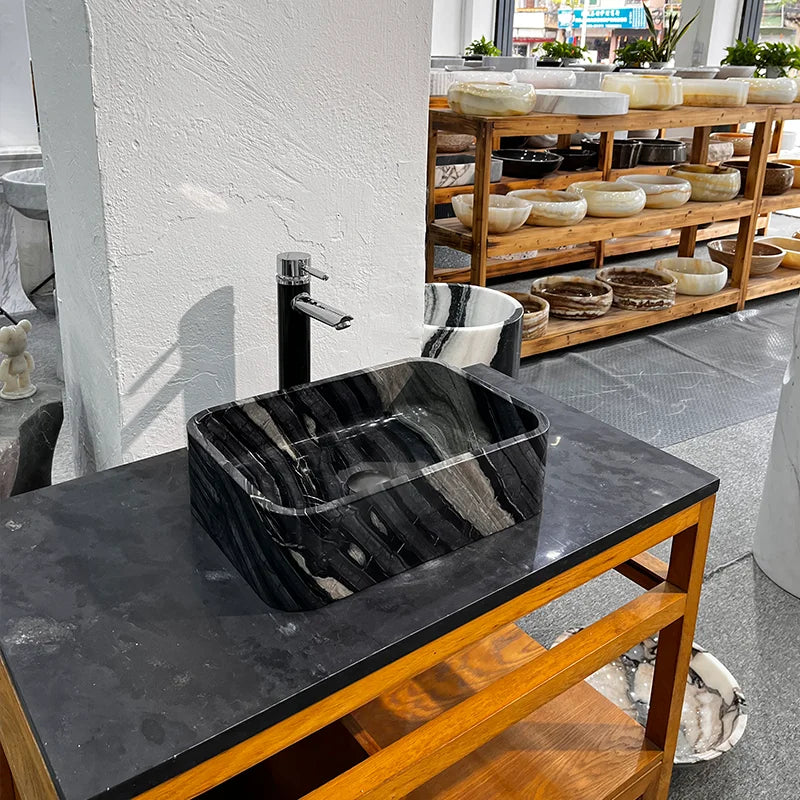 Striking Thick Rim Rectangular Countertop Sink Solid Natural Marble Flat Front Bowl Luxury Villa Restroom Vanity Basin - Image 4