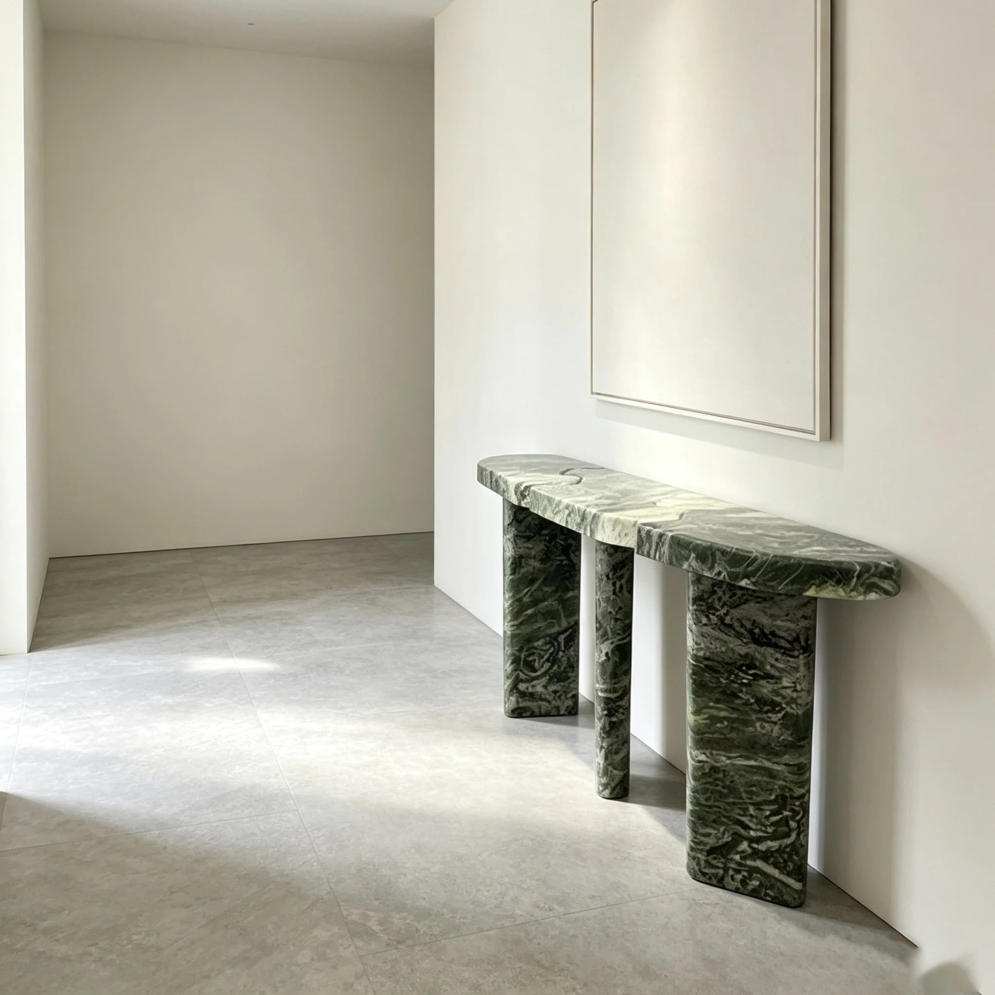 Dream Home Organic Green Streak Marble Console Table 3 Split Interlocking Top Triple Thick Block Leg Hall Decor Table - Image 4
