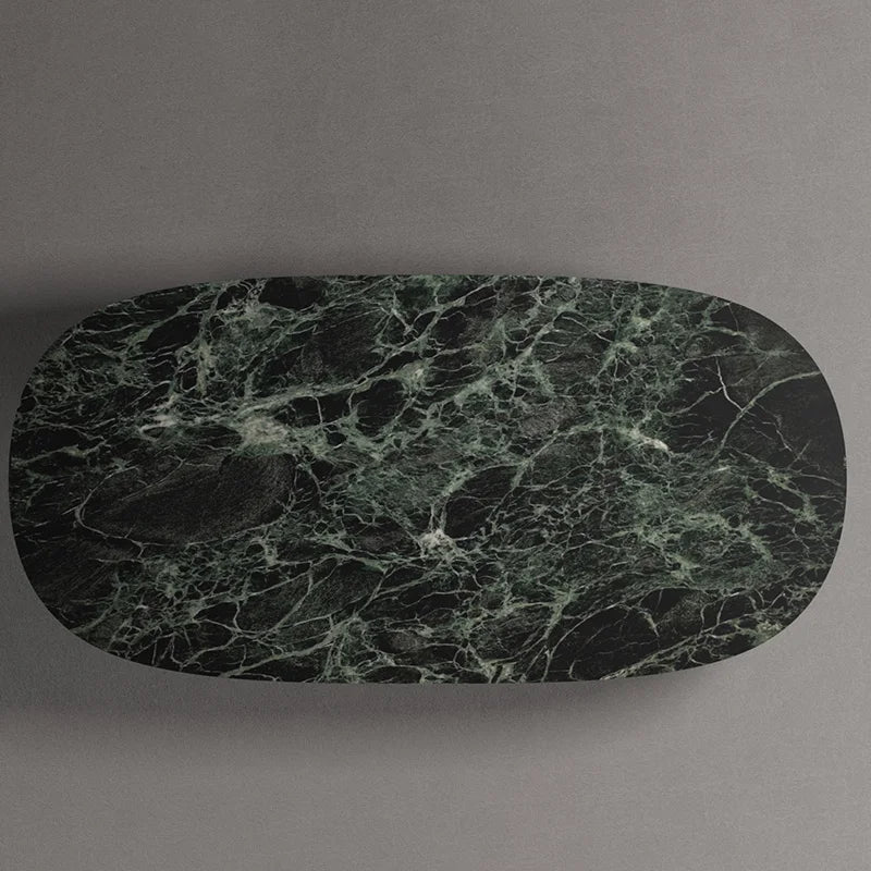 High Gloss Green Vein Marble Coffee Table Solid Stone Oval Tabletop Taper Base Contemporary Home Decor Table Dream Home - Image 3