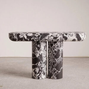 Black White Vein Marble Console Table Oval Rounded Tabletop Twin Cylindrical Legs Modern Entryway Stone Hallway Table Dream Home