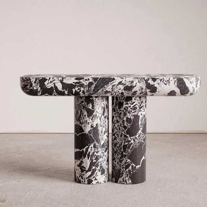 Black White Vein Marble Console Table Oval Rounded Tabletop Twin Cylindrical Legs Modern Entryway Stone Hallway Table Dream Home