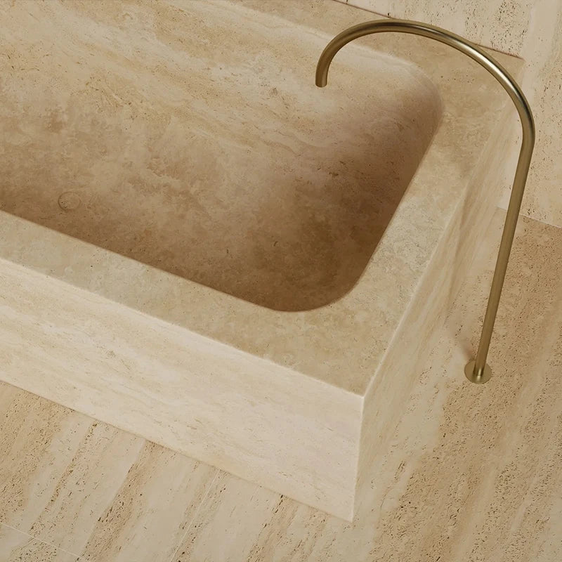 Thick Solid Cube Profile Freestanding Tub One Piece Natural Travertine Marble Multi Stone Grain Villa Master Bathroom Bathtub - Image 2