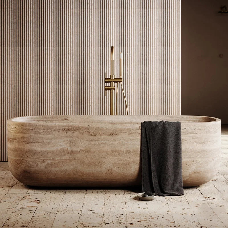 Rectangular Rounded End Stone Bathtub Full Straight Side Elongated Block Vessel Beige Cave Rock Master Bath Sculpture Tub - Image 7