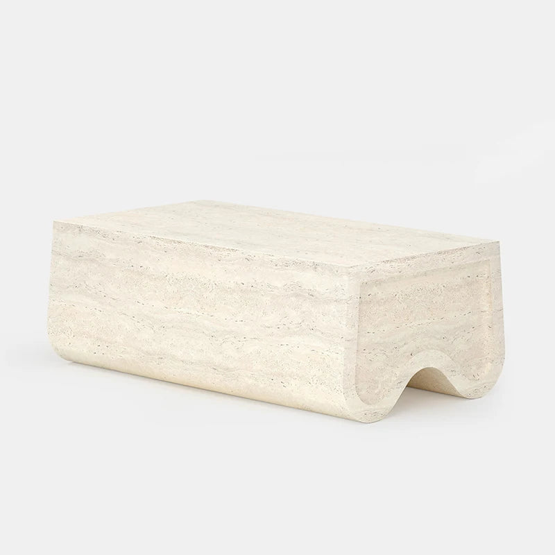 Dream Home Travertine Coffee Table Monolithic Wave Cutout Base With Rounded Rectangle Top Wabi Sabi Living Room Center Table - Image 2