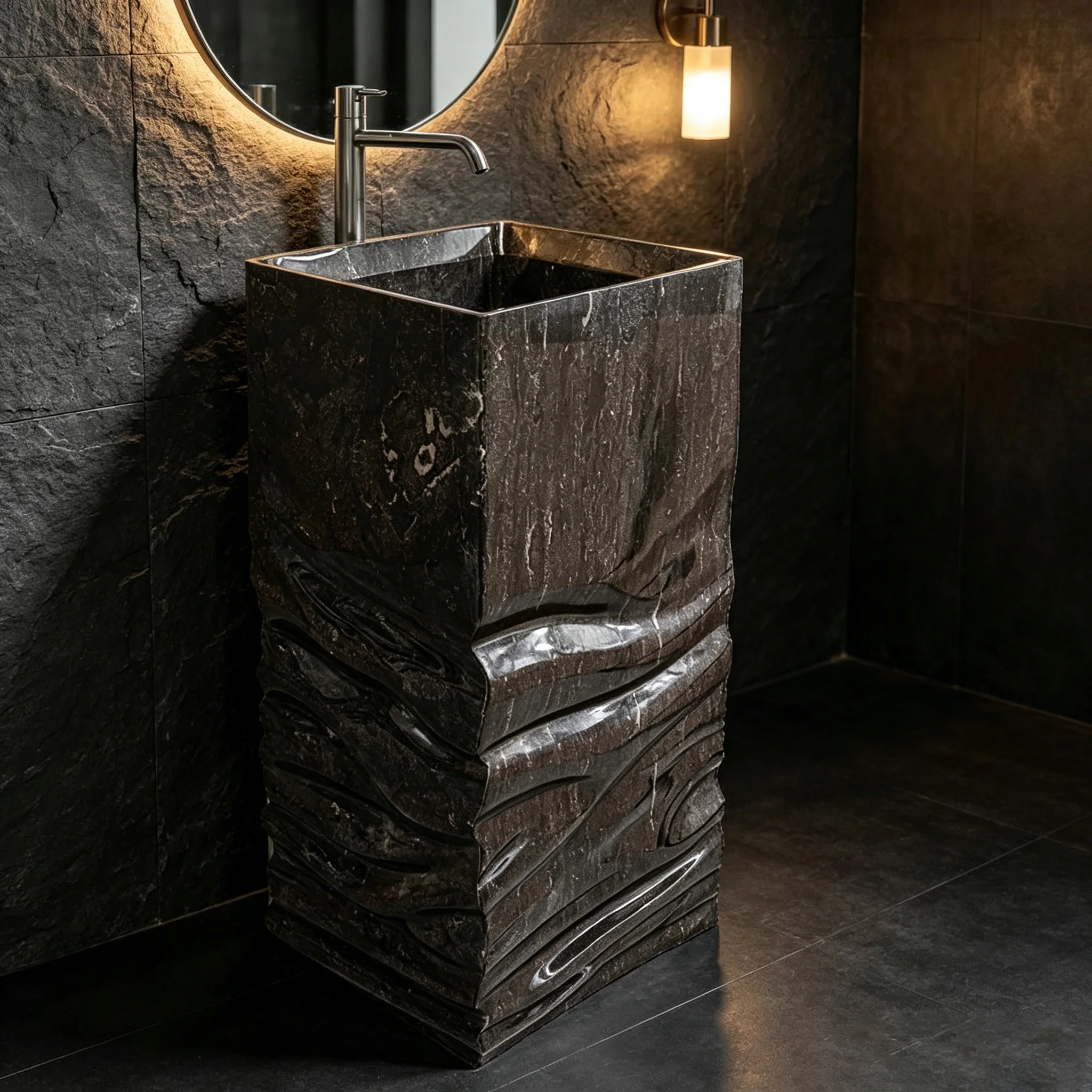 High Inquiry Dark Natural Marble Freestanding Sink Square Tall Column Hand Chiselled Wave Surface Contemporary Bathroom Basin - Image 4