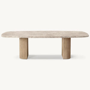 Premium Marble Top Dining Table Weathered Fluted Solid Oak Dual Column Base Rustic Farmhouse Large Family Dining Table