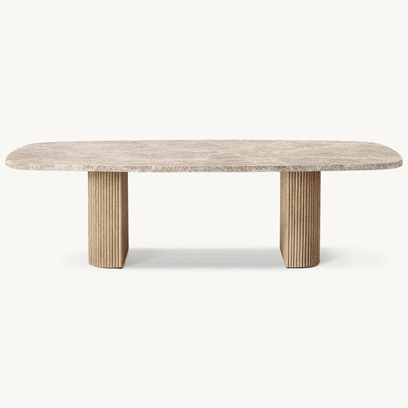 Premium Marble Top Dining Table Weathered Fluted Solid Oak Dual Column Base Rustic Farmhouse Large Family Dining Table
