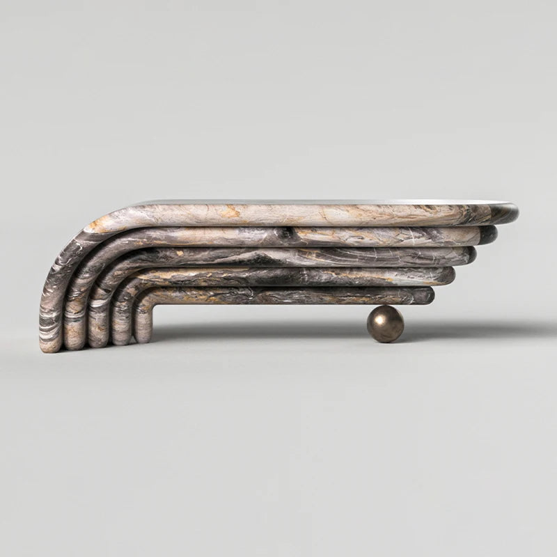 Grey Gold Vein Marble Coffee Table Multi Layer Curved Waterfall Form With Bronze Ball Support Modern Luxury Center Table - Image 7