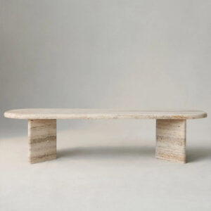 Modern Beige Travertine Coffee Table Oval Stone Top Dual Block Base Elegant Villa Living Room Furniture