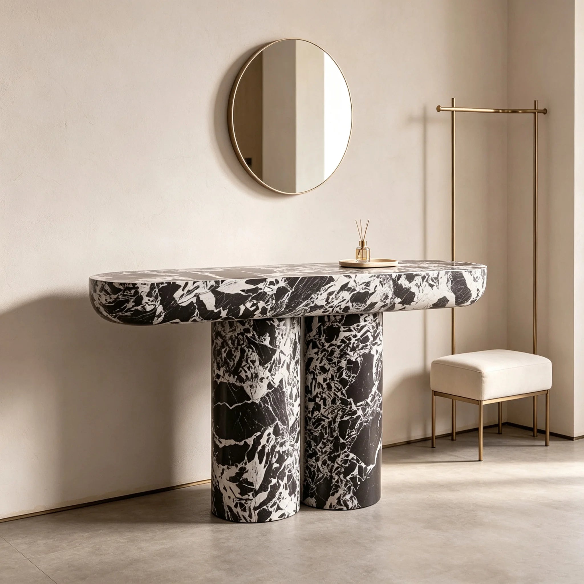 Black White Vein Marble Console Table Oval Rounded Tabletop Twin Cylindrical Legs Modern Entryway Stone Hallway Table Dream Home - Image 5