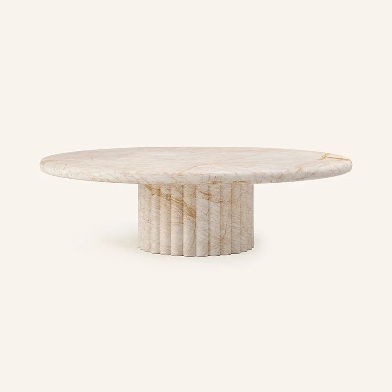 Dream Home Premium Sculptural Ribbed Base Coffee Table Large Round Marble Top Rustic Natural Stone Living Room Table - Image 13